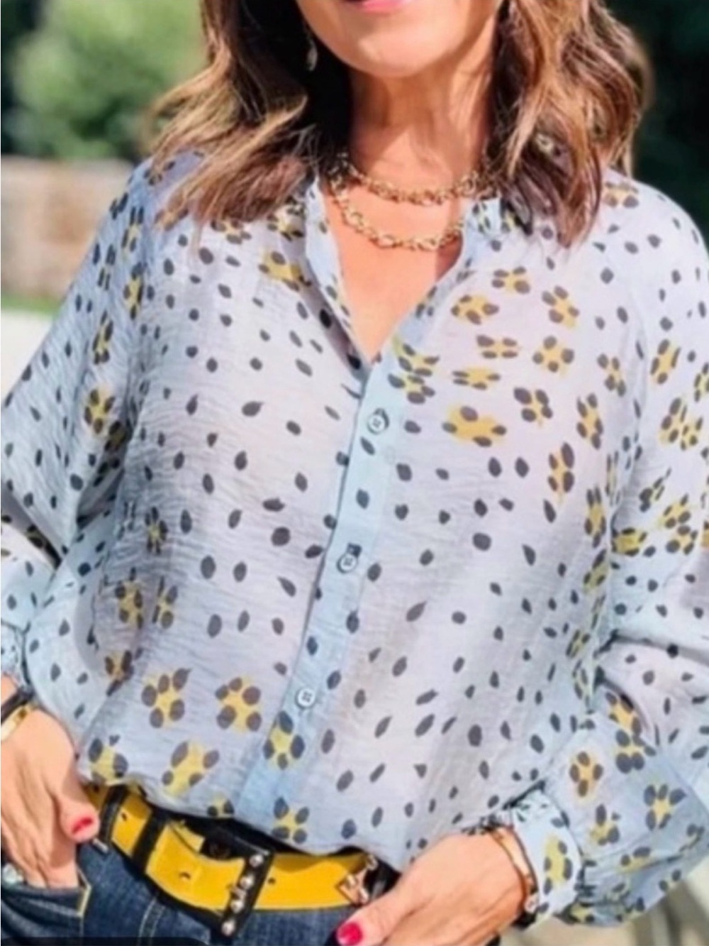 Cabi Hunter Casual Blouse Medium Lightweight Animal Print Icy Blue Buttondown
